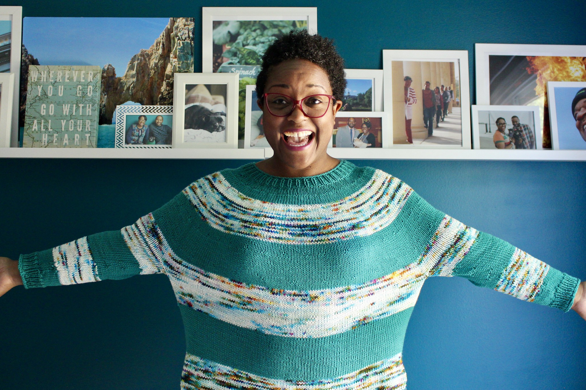 Dana Williams-Johnson wearing a hand knit striped sweater